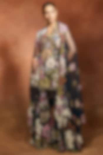 Peach Mono Net Floral Patchwork Bridal Sharara Set by Varun Bahl at Pernia's Pop Up Shop