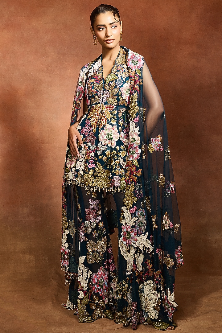 Peach Mono Net Floral Patchwork Bridal Sharara Set by Varun Bahl at Pernia's Pop Up Shop