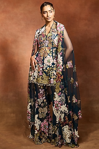 Peach Mono Net Floral Patchwork Sharara Set by Varun Bahl
