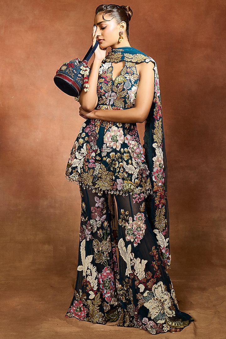 Peach Mono Net Floral Patchwork Bridal Sharara Set by Varun Bahl at Pernia's Pop Up Shop