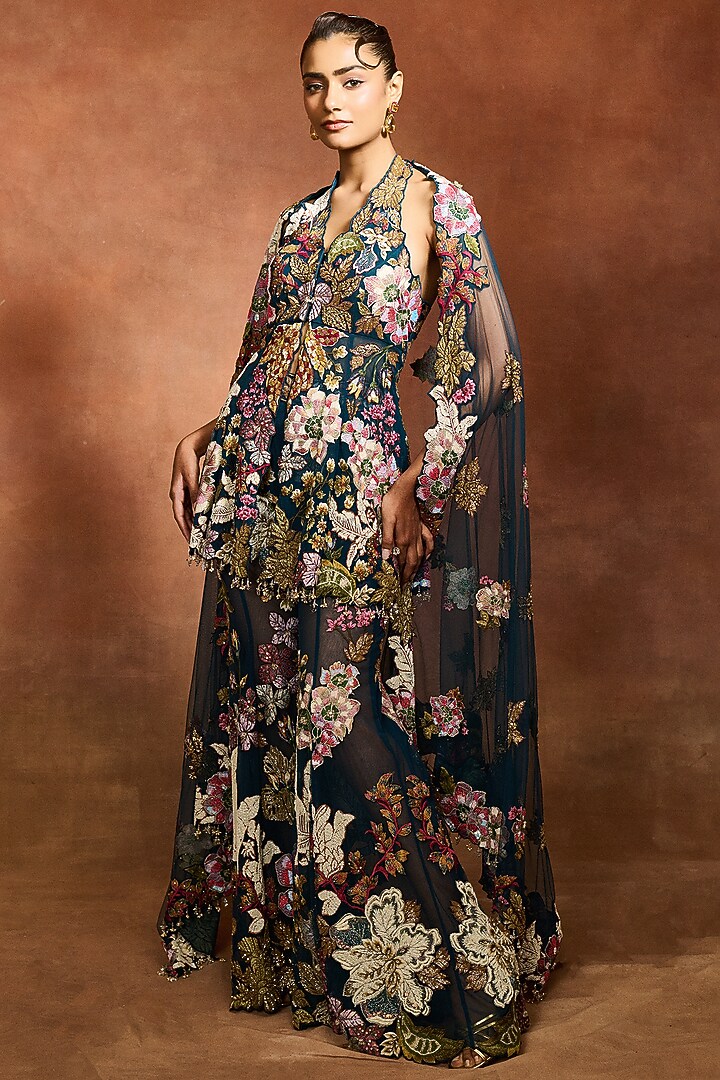Peach Mono Net Floral Patchwork Bridal Sharara Set by Varun Bahl at Pernia's Pop Up Shop