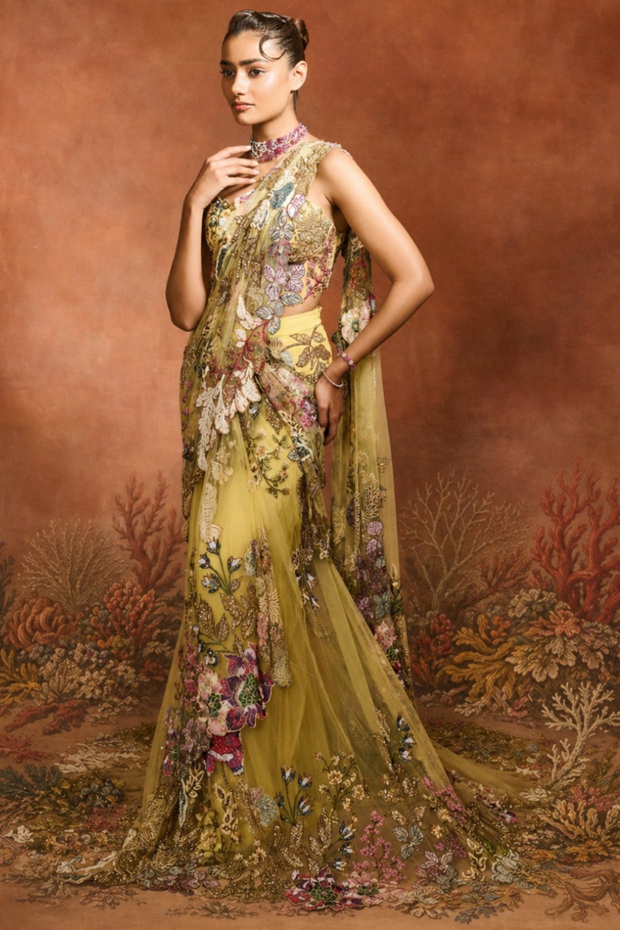 Varun Bahl Yellow Mono Net Floral Embellished Gown-Style Saree Set