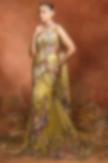 Yellow Mono Net Floral Embellished Gown-Style Bridal Saree Set by Varun Bahl at Pernia's Pop Up Shop