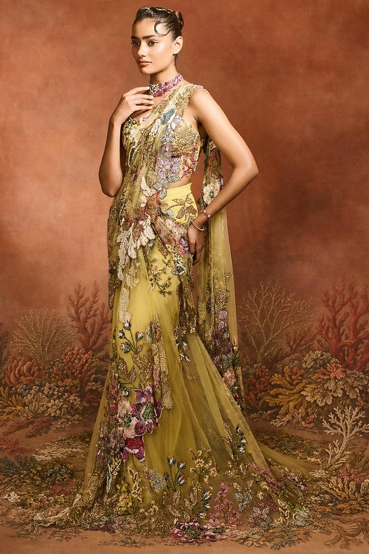 Yellow Mono Net Floral Embellished Gown-Style Bridal Saree Set by Varun Bahl at Pernia's Pop Up Shop