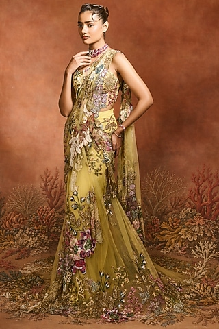 Yellow Mono Net Floral Embellished Gown-Style Saree Set by Varun Bahl