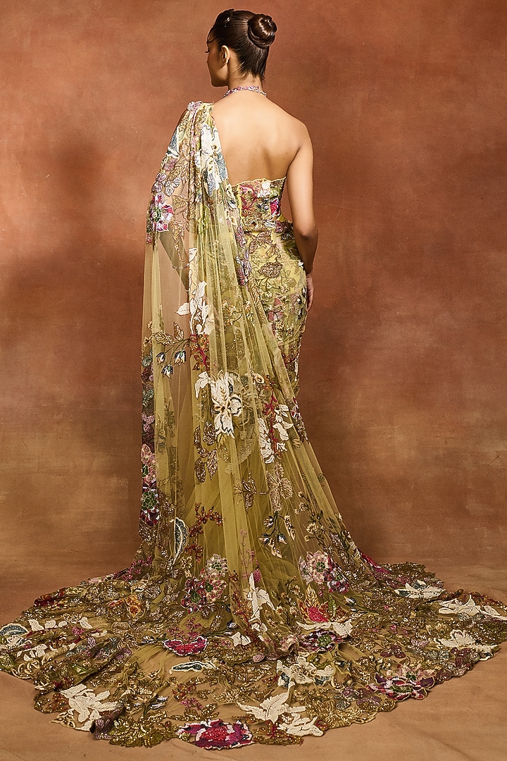 Yellow Mono Net Floral Embellished Gown-Style Bridal Saree Set by Varun Bahl at Pernia's Pop Up Shop
