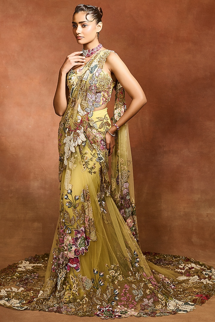 Yellow Mono Net Floral Embellished Gown-Style Bridal Saree Set by Varun Bahl at Pernia's Pop Up Shop