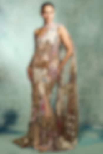 Peach Mono Net Floral Embellished Gown-Style Bridal Saree Set by Varun Bahl at Pernia's Pop Up Shop