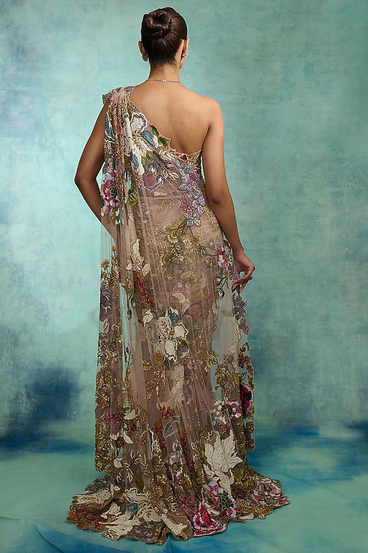 Peach Mono Net Floral Embellished Gown-Style Bridal Saree Set by Varun Bahl at Pernia's Pop Up Shop