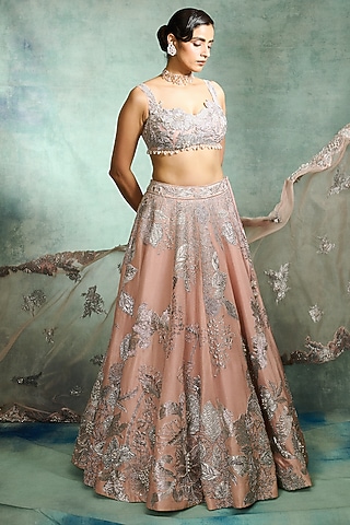 Pink Viscose Tissue Embellished Lehenga Set by Varun Bahl