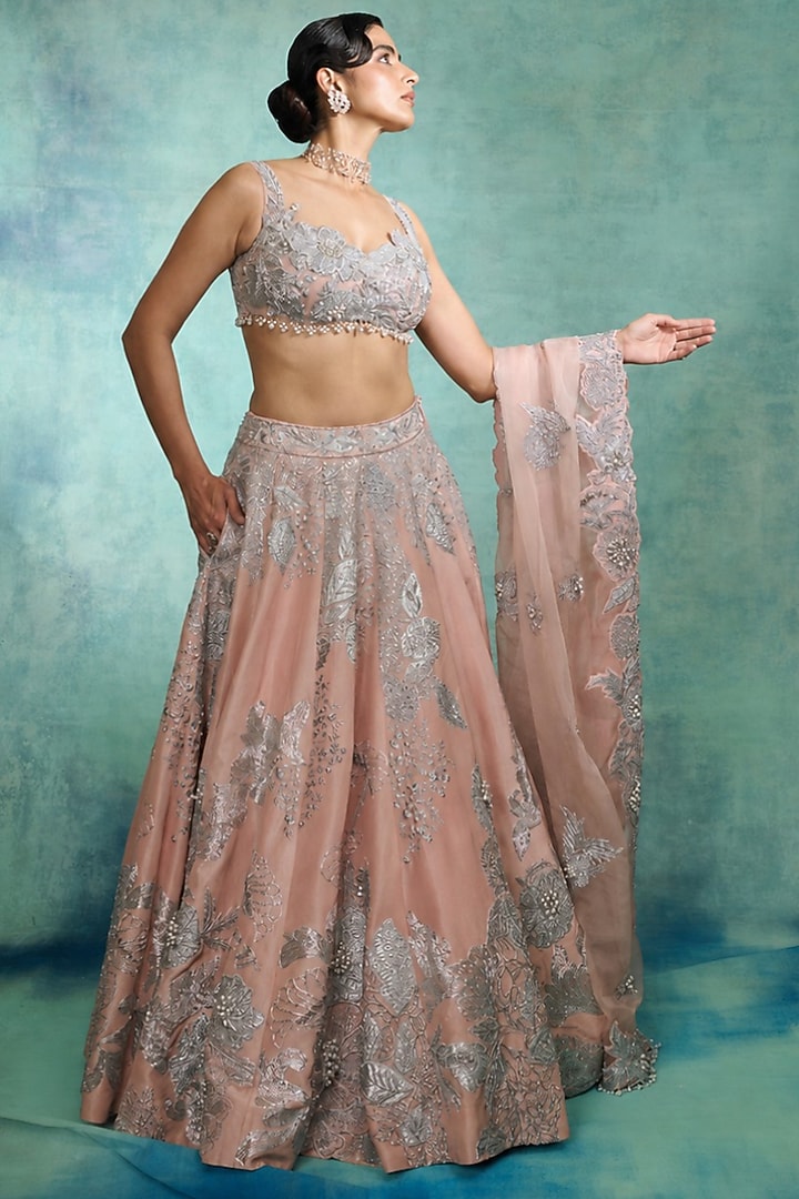 Pink Viscose Tissue Embellished Bridal Lehenga Set by Varun Bahl at Pernia's Pop Up Shop