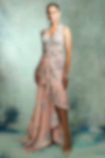 Pink Modal Satin Asymmetrical Skirt Set by Varun Bahl at Pernia's Pop Up Shop