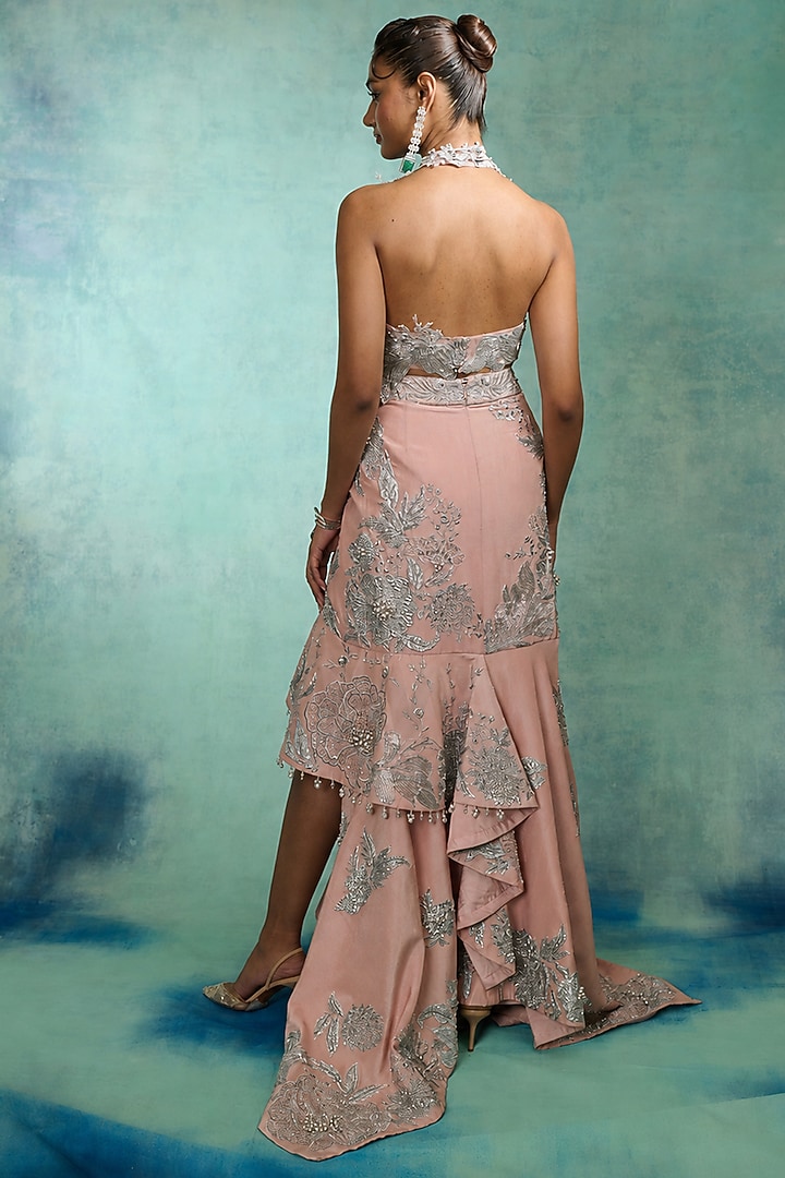 Pink Modal Satin Asymmetrical Skirt Set by Varun Bahl at Pernia's Pop Up Shop
