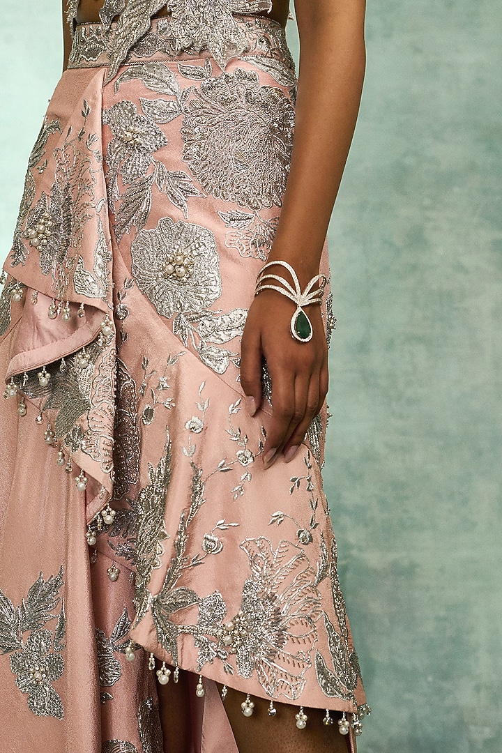 Pink Modal Satin Asymmetrical Skirt Set by Varun Bahl at Pernia's Pop Up Shop