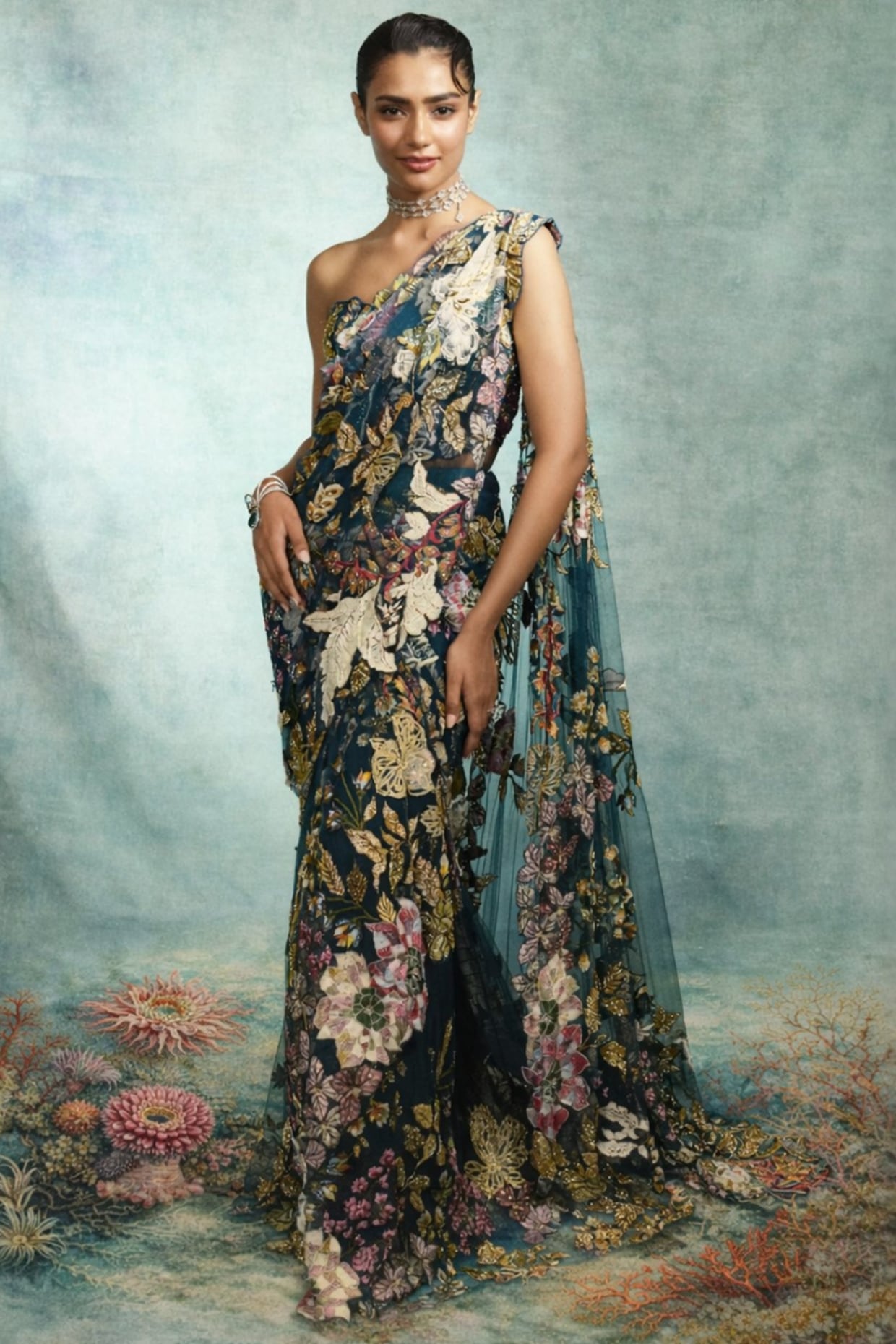 Varun Bahl Navy Blue Mono Net Floral Embellished Gown-Style Saree Set