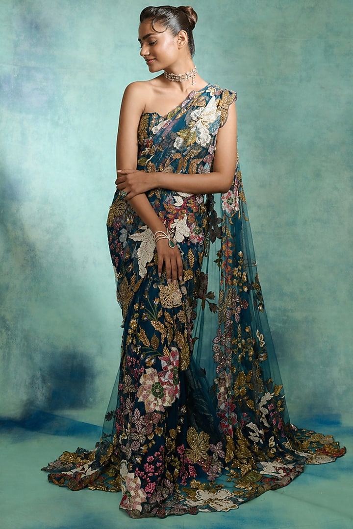 Navy Blue Mono Net Floral Embellished Gown-Style Bridal Saree Set by Varun Bahl at Pernia's Pop Up Shop