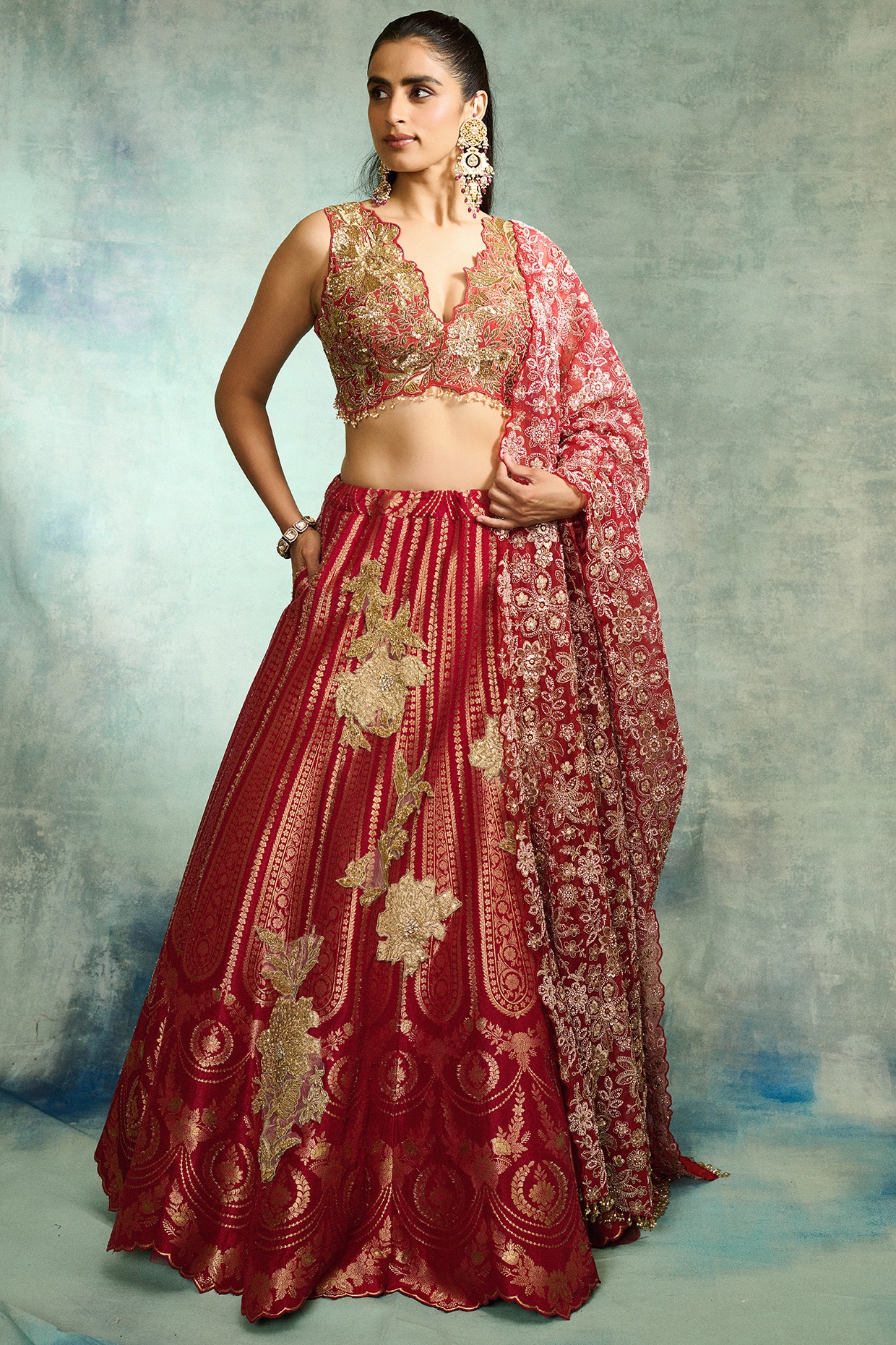 Varun Bahl Red Brocade Embellished Lehenga Set