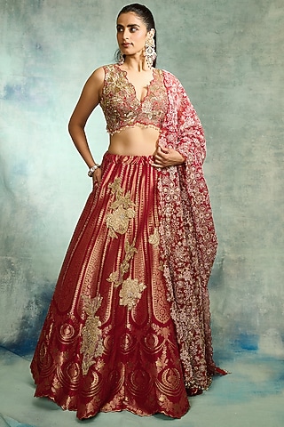 Red Brocade Embellished Lehenga Set by Varun Bahl
