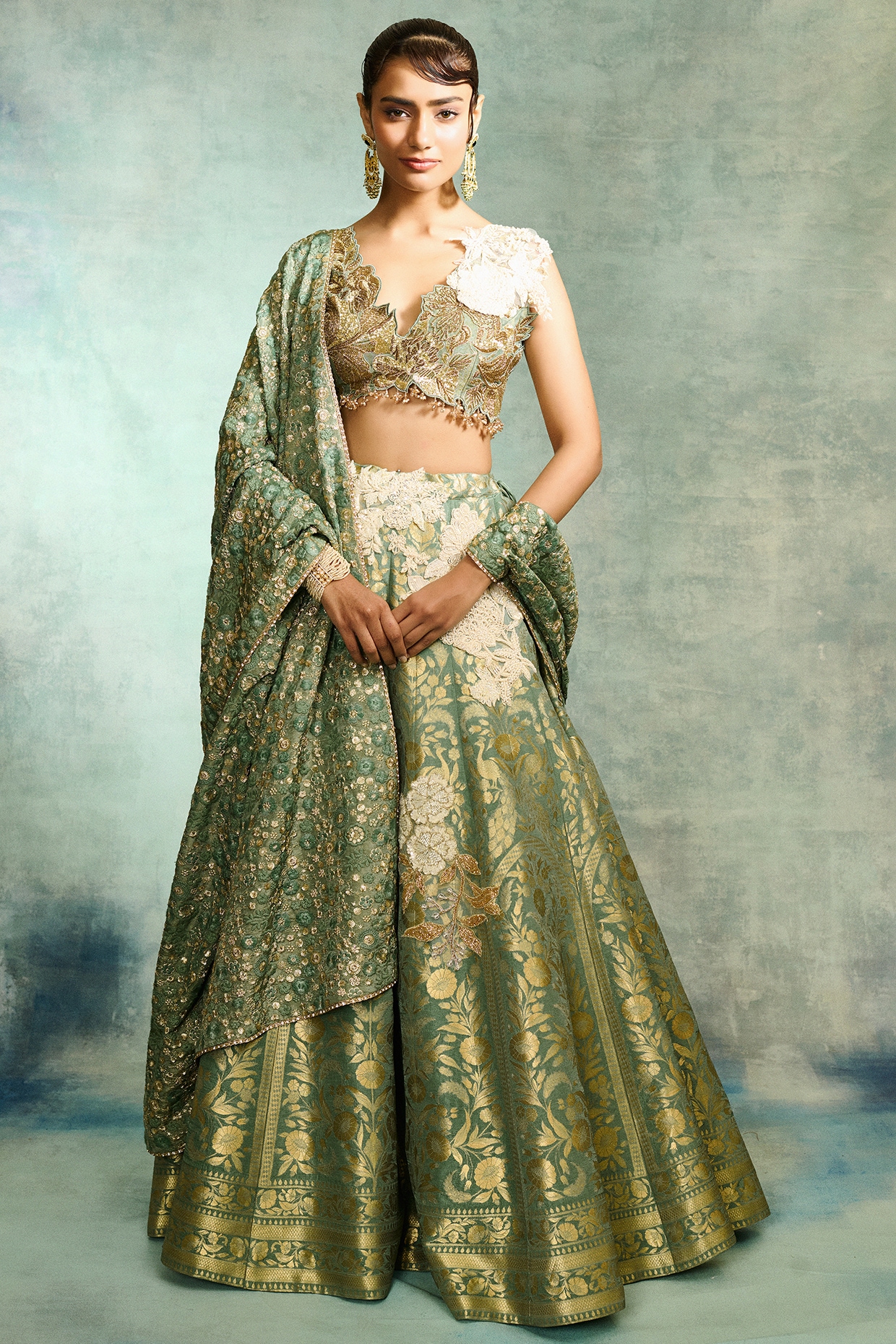 Varun Bahl Pista Green Brocade Embellished Lehenga Set