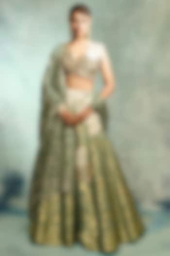 Pista Green Brocade Embellished Bridal Lehenga Set by Varun Bahl at Pernia's Pop Up Shop