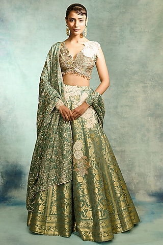 Pista Green Brocade Embellished Lehenga Set by Varun Bahl