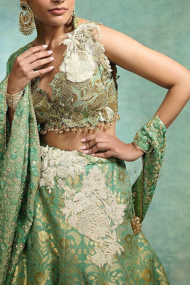 Pista Green Brocade Embellished Bridal Lehenga Set by Varun Bahl at Pernia's Pop Up Shop