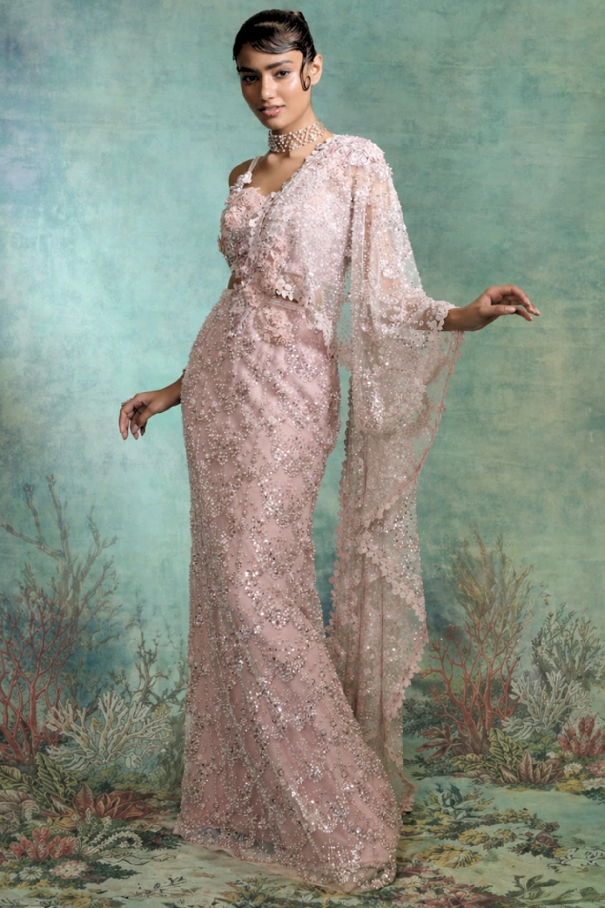 Varun Bahl Pink Mono Net Embellished Draped Saree Set