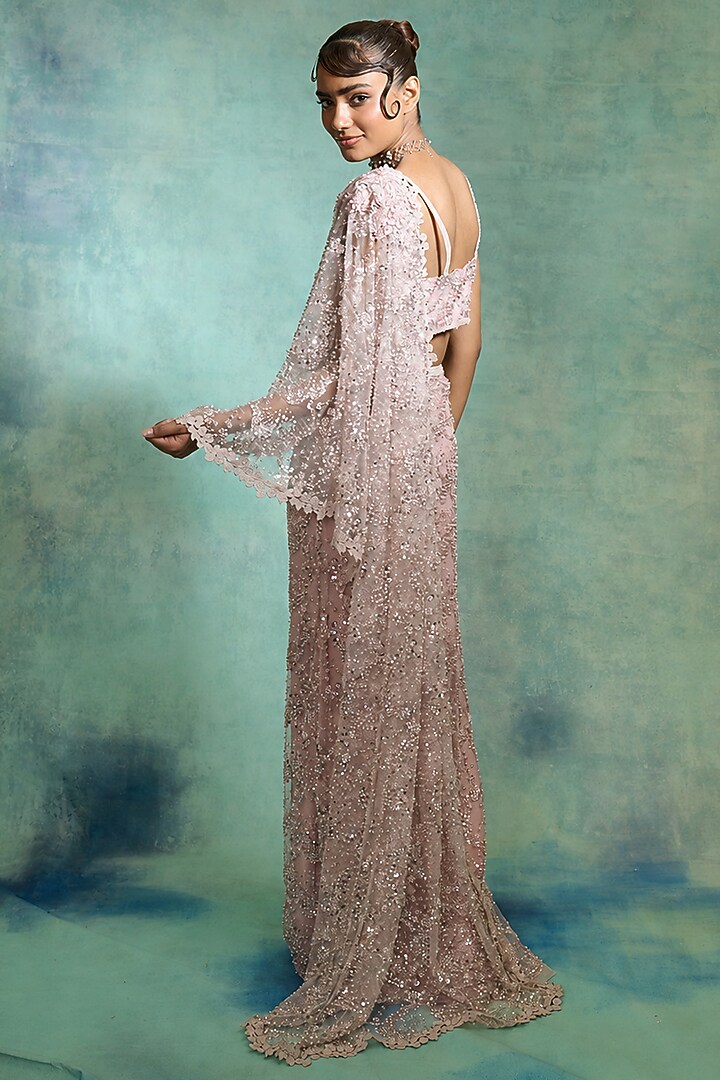 Pink Mono Net Embellished Draped Bridal Saree Set by Varun Bahl at Pernia's Pop Up Shop