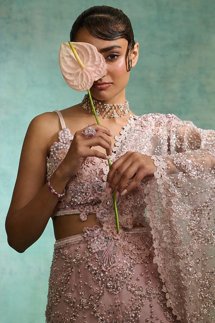 Pink Mono Net Embellished Draped Bridal Saree Set by Varun Bahl at Pernia's Pop Up Shop