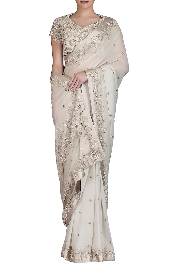 Ivory Embroidered Saree Set by Varun Bahl