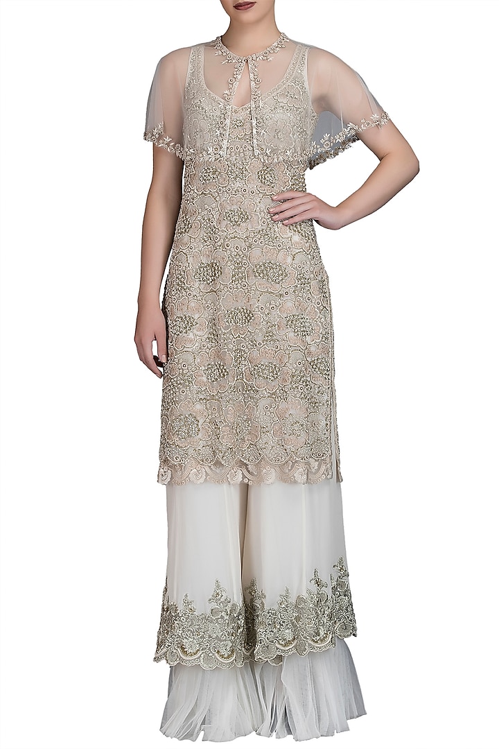 Ivory Embroidered Sharara Set With Cape by Varun Bahl