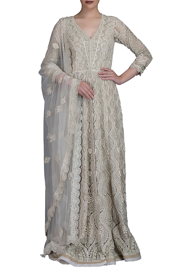 Ivory Embroidered Anarkali With Jacket & Dupatta by Varun Bahl