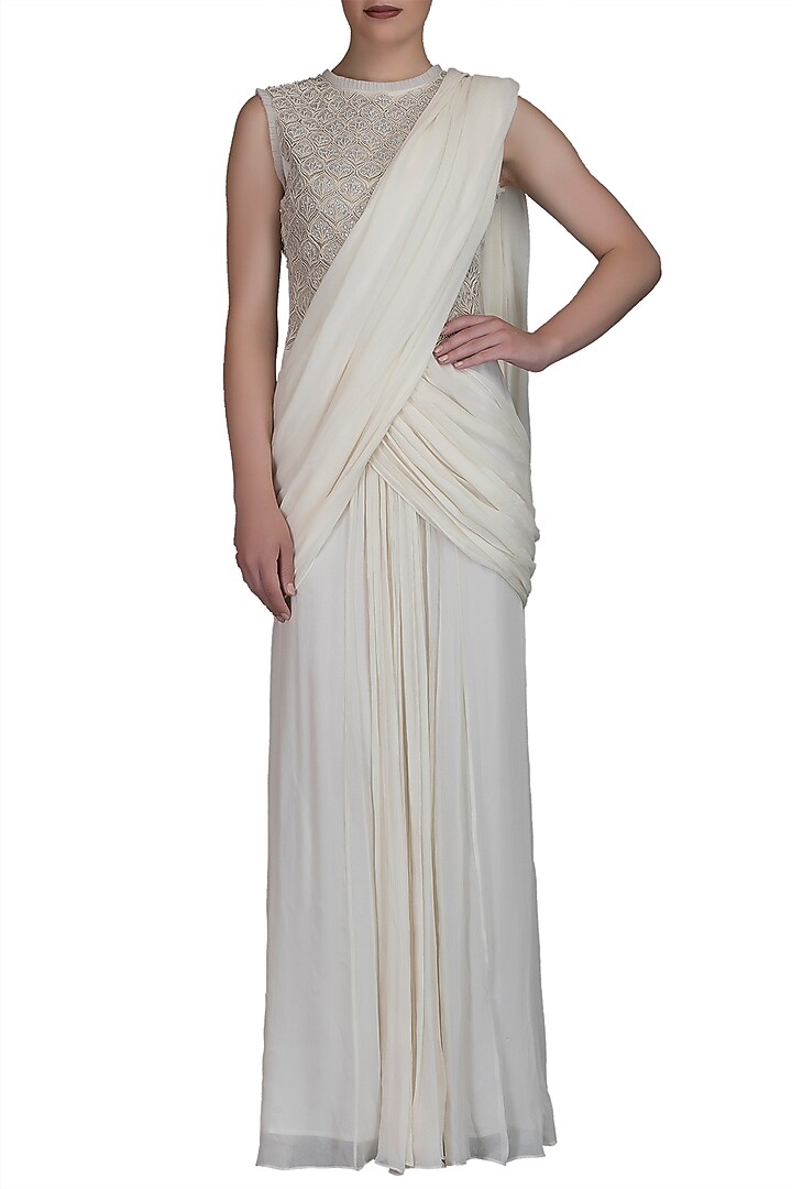 Ivory Embroidered Saree Gown by Varun Bahl