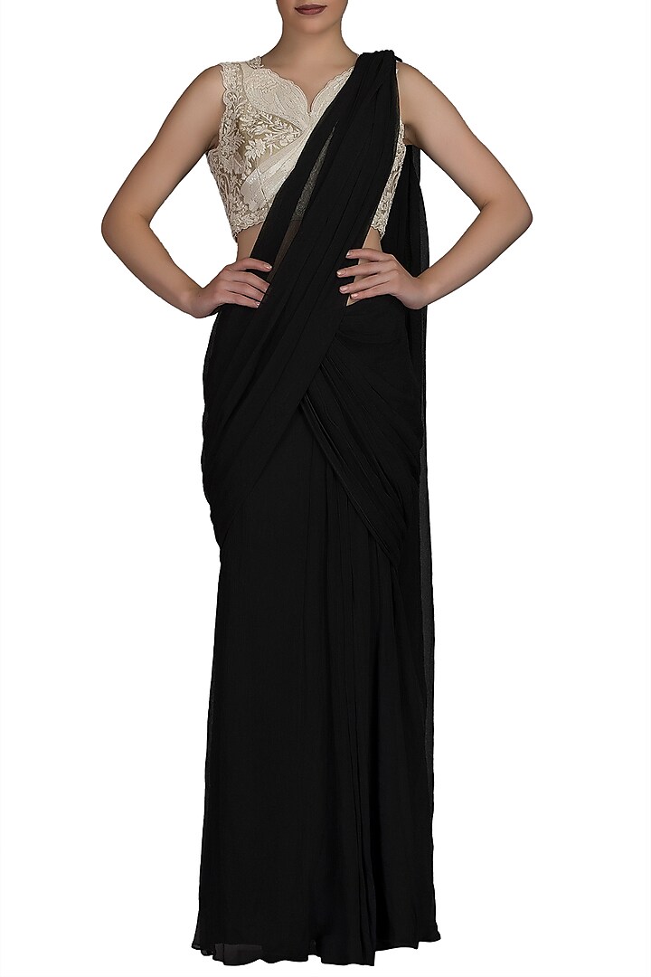 Black Embroidered Pre-Stitched Saree Set by Varun Bahl