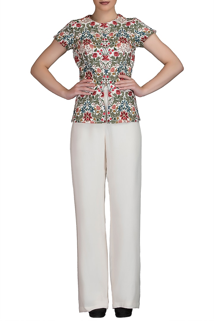 Multi Colored Embroidered Jacket With Ivory Trouser Pants by Varun Bahl at Pernia's Pop Up Shop