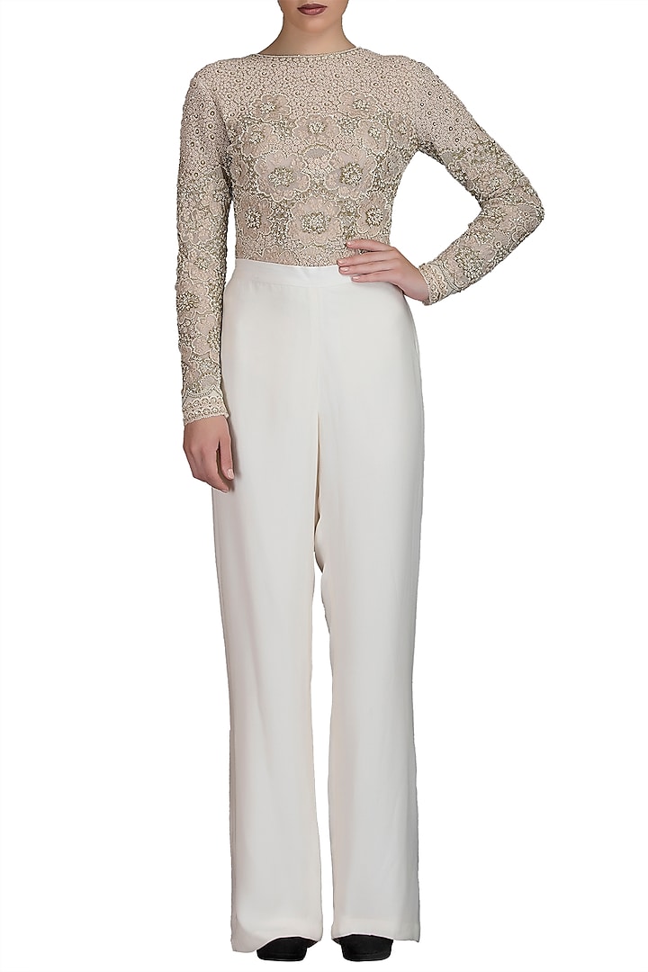 Ivory Trouser Pants With Embroidered Top by Varun Bahl