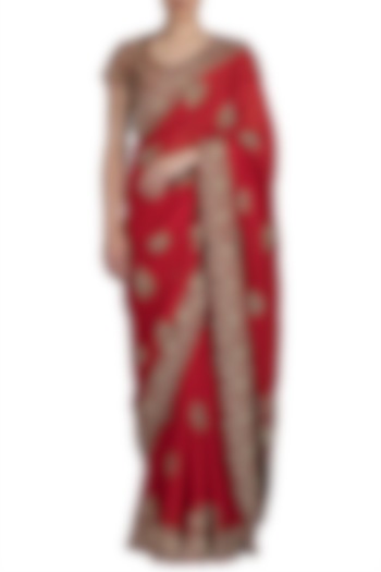 Red Georgette Embroidered Saree Set by Varun Bahl