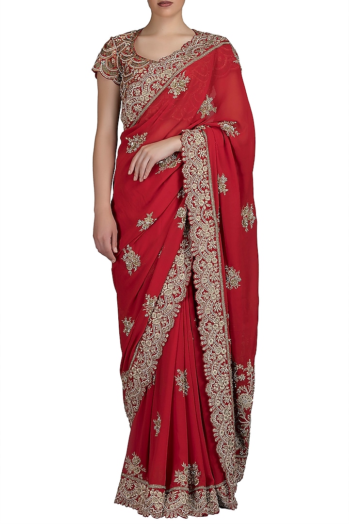 Red Georgette Embroidered Saree Set by Varun Bahl