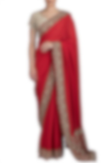 Red Embroidered Georgette Saree Set by Varun Bahl