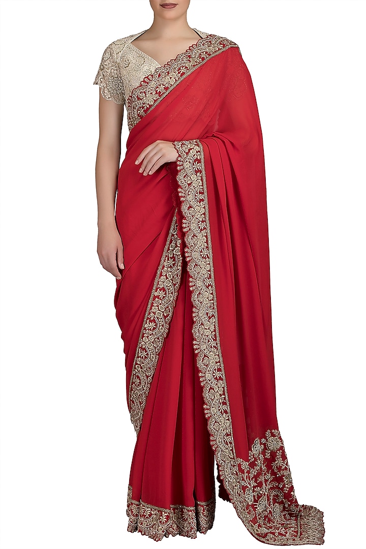 Red Embroidered Georgette Saree Set by Varun Bahl