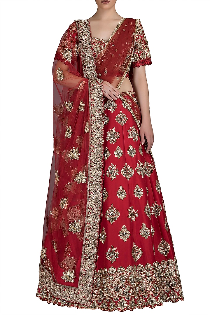 Red Embroidered Raw Silk Lehenga Set by Varun Bahl