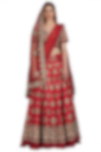 Red Embroidered Silk Lehenga Set by Varun Bahl