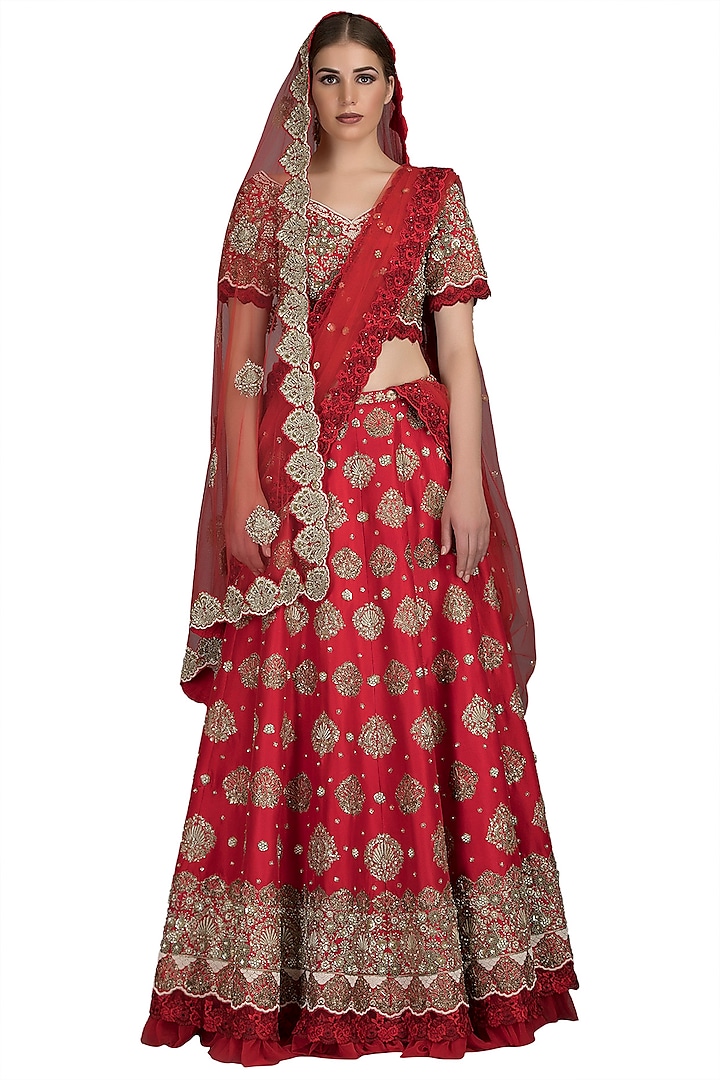 Red Embroidered Silk Lehenga Set by Varun Bahl