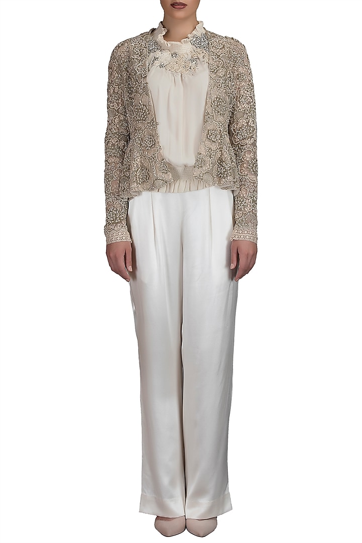 Ivory Embroidered Peplum Top With Pants & Jacket by Varun Bahl