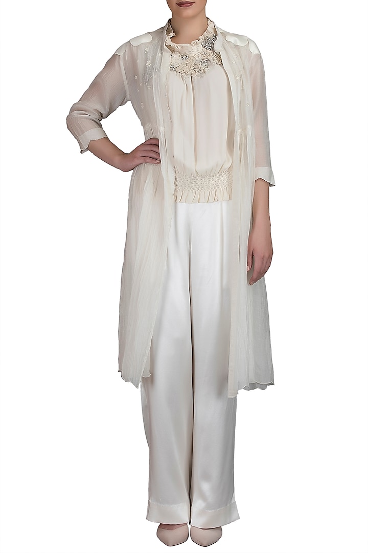 Ivory Embroidered Smocking Top With Pants & Jacket by Varun Bahl