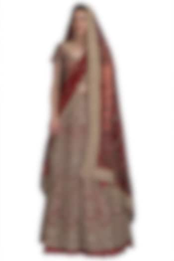 Red Embroidered Lehenga Set With Two Dupattas by Varun Bahl