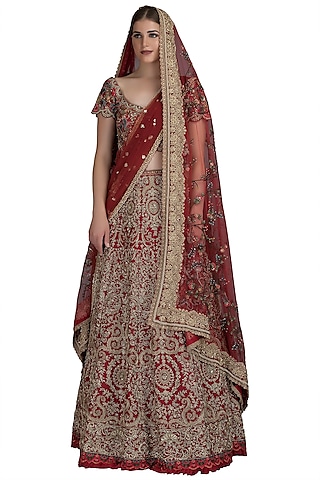 Red Embroidered Lehenga Set With Two Dupattas by Varun Bahl