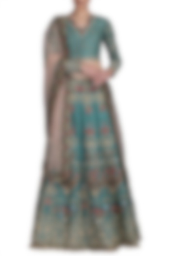 Turquoise Embroidered Lehenga Set by Varun Bahl