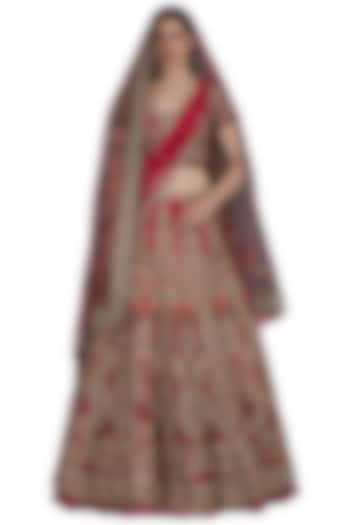 Red Signature Embroidered Lehenga Set With Two Dupattas by Varun Bahl