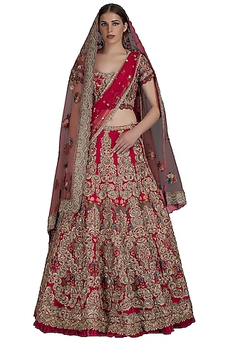 Red Signature Embroidered Lehenga Set With Two Dupattas by Varun Bahl